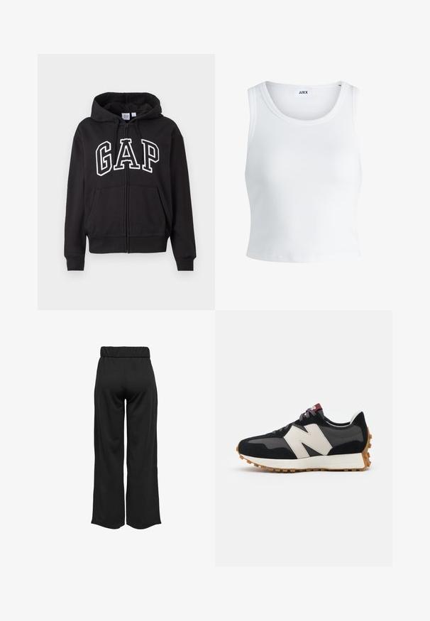 Must kollane tõmblukuga kapuutsiga, ees taskud ja suur valge ääristatud "GAP" logo rinna piirkonnas.; Valge ribakujuline tank top, millel on ümmargune kaelus, varrukateta disain ja lühike pikkus. Silt ütleb "JJXX." Sile kangast tekstuur.; Mustad, laiad püksid elastse vöökohtaga, valmistatud siledast kangast. Omab lihtsat disaini, ilma taskute või nähtavate õmbluste detailideta.; Mustmust ja halli nubukist tennisajal on suur kreemjas "N" logo, lilla paelad ja tekstureeritud kummist välispohja.