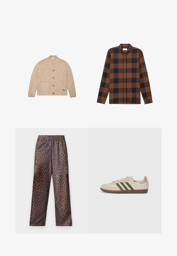 Bežový pletený cardigan s dlouhými rukávy, předními knoflíky, dvěma předními kapsami a malým vyšitým logem na dolní pravé kapse.; Hnědo-černá kostkovaná košile s dlouhým rukávem, vyrobená z látky, s límečkem na knoflíčky a zapínáním na knoflíky; má manžety na rukávech.; Kalhoty s leopardím potiskem a elastickým pasem. Vyrobené z lesklé tkaniny, mají hnědou základnu s černými skvrnami a volný střih.; adidas Originals SAMBA OG UNISEX - Tenisky - alumina/medium dark khaki/gum