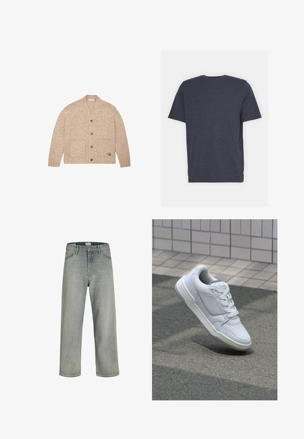 Beige neulecardigan, jossa on pitkät hihat, etupainikkeet, kaksi etutaskua ja pieni brodeerattu logo oikeassa alakulmassa olevassa taskussa.; Navy blue crew neck t-paita, joka on valmistettu pehmeästä puuvillasekoitekankaasta. Lyhyet hihat ja normaali istuvuus. Ei näkyviä kuvioita tai yksityiskohtia.; Vaaleanharmaat, löysät farkut, jotka on valmistettu denimistä. Ominaisuuksiin kuuluu klassinen viiden taskun muotoilu, vyölenkit ja suora lahjetyyli.; Valkoinen nahkakengät, joissa on rei'itetyt sivut, teksturoituja yksityiskohtia, tasaiset nauhat ja erottuva harmaa kanta. Varrella on hieman kohotettu pohja.