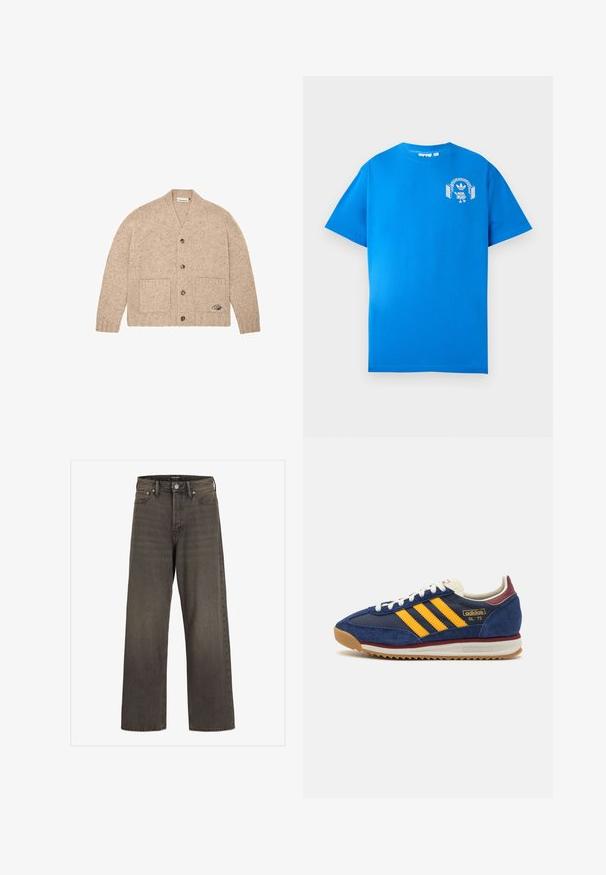 Bežový pletený cardigan s dlhými rukávmi, prednými gombíkmi, dvoma prednými vreckami a malým vyšitým logom na dolnom pravom vrecku.; Modrá bavlnená tričko s krátkymi rukávmi. Obsahuje biely grafický dizajn na prednej strane, zobrazuje postavu s slúchadlami a oblúkom.; Džínsy s širokými nohavicami v tmavošedej džínsovine, s vysokým pásom, klasickým dizajnom s piatimi vreckami a kontrastným šitím pozdĺž švov.; Námorné semišové tenisky so žltými pruhmi, bielymi šnúrkami a vínovými akcentmi. Textúrovaná podrážka so zarezmi pre trakciu. Logo značky na boku.