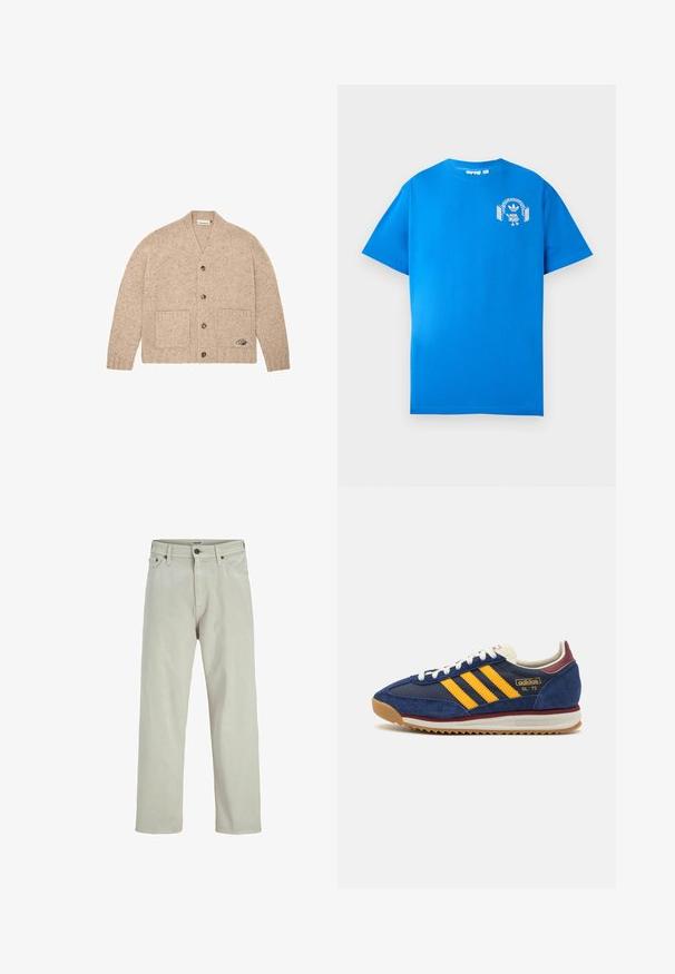 Bežový pletený cardigan s dlouhými rukávy, předními knoflíky, dvěma předními kapsami a malým vyšitým logem na dolní pravé kapse.; Modré bavlněné tričko s krátkým rukávem. Na přední straně je bílé grafické provedení s postavou s sluchátky a obloukem.; Světle béžové džíny z denimu se siluetou rovného střihu, pěti kapsami a knoflíkovým zapínáním v pase, s minimálními detaily šití.; Námornická semišová teniska s žlutými pruhy, bílými tkaničkami a burgundskými akcenty. Texturovaná podrážka s drážkami pro lepší přilnavost. Logo značky na boku.