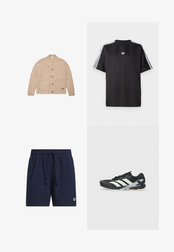 Bežový pletený cardigan s dlhými rukávmi, prednými gombíkmi, dvoma prednými vreckami a malým vyšitým logom na dolnom pravom vrecku.; Čierne tričko s krátkym rukávom a bielymi trojpruhmi na pleciach a malým bielym logom na hrudi. Hladká textúra látky.; Tmavomodré športové šortky s elastickým pásom a šnúrkou. Textúrovaná, priedušná látka s malým bielym logom na dolnom leme.; Čierna športová obuv s bielymi pruhmi, sieťovinový zvršok, zaoblená špička a polstrovaná podrážka. Obsahuje štruktúrovaný opätok a bezpečný systém šnurovania.