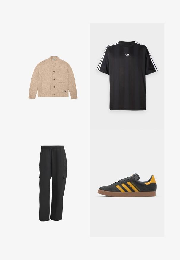 Bežový pletený cardigan s dlhými rukávmi, prednými gombíkmi, dvoma prednými vreckami a malým vyšitým logom na dolnom pravom vrecku.; Čierne tričko s krátkym rukávom a bielymi trojpruhmi na pleciach a malým bielym logom na hrudi. Hladká textúra látky.; Čierne cargo nohavice s elastickým pásom, bočnými vreckami, voľným strihom a textúrovanou tkaninou. Navrhnuté pre pohodlie a praktickosť.; Čierne semišové tenisky so žltými akcentmi, ktoré majú tri pruhy a hnedú gumovú podrážku. Obsahujú vypolstrovaný jazyk pre pohodlie.