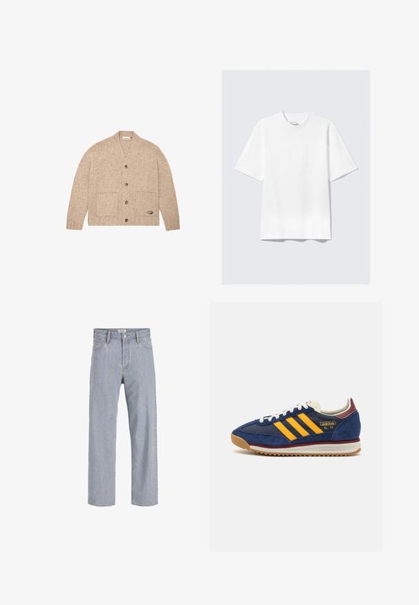 Bēša adīta džempere ar garām piedurknēm, pogām priekšā, divām priekšējām kabatām un mazu izšūtu logo apakšējā labajā kabatā.; Vienkārša balta īsām piedurknēm brīva T-krekls, izklāts uz gaiši pelēka fona.; Gai zils džinsu audums ar brīvu piegriezumu, taisnu kāju dizainu, redzamām šuvēm, divām priekšējām kabatām un pogu aizdari.; Jūras spēku zilo zamšveida čību ar dzeltenām svītrām, baltām auklām un bordo akcentiem. Reljefs zole ar rievojumu, lai nodrošinātu saķeri. Zīmola logo sānu daļā.