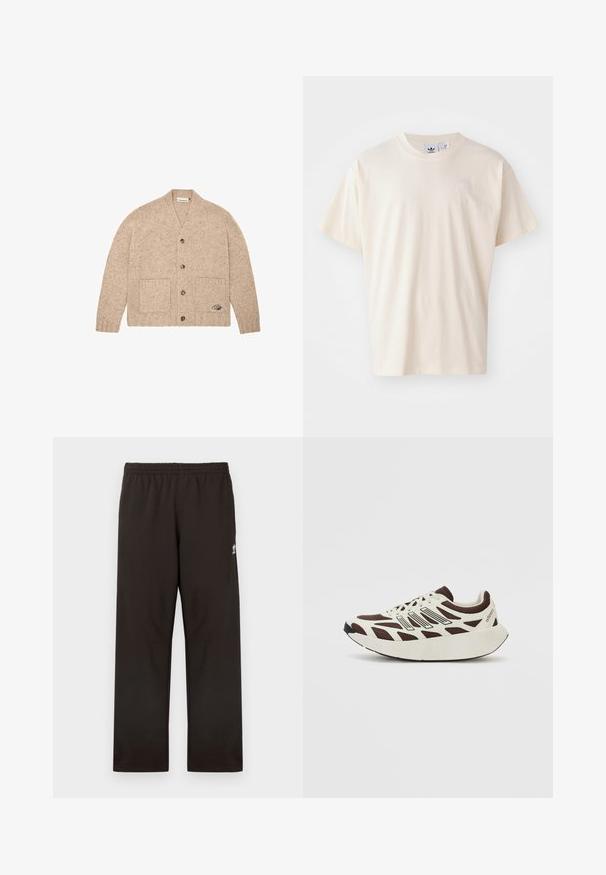 Cardigan bej tricotat, cu mâneci lungi, nasturi în față, două buzunare frontale și un mic logo brodat pe buzunarul din dreapta jos.; Tricou din bumbac crem cu guler rotund și mâneci scurte; prezintă un mic logo de culoare deschisă pe piept.; Pantaloni de trening negri, cu talie elastică, croială dreaptă și un mic logo subtil pe lateral. Confecționați dintr-un material moale și neted.; Adidași maro și crem cu un upper din plasă, suprapuneri texturate și o talpă rotunjită, groasă, de culoare albă. Caracteristici includ o limbă cu profil joasă și șireturi.