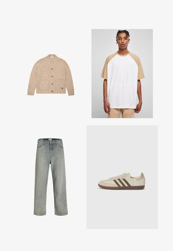Beige knitted cardigan with long sleeves, front buttons, two front pockets, and a small embroidered logo on the lower right pocket.; White short-sleeve t-shirt with tan raglan sleeves. Smooth fabric, loose fit, and crew neck design, with a straight hem at the bottom.; Light gray, loose-fitting jeans made of denim. Features a classic five-pocket design, belt loops, and a straight leg silhouette.; adidas Originals SAMBA OG UNISEX - Trainers - alumina/medium dark khaki/gum