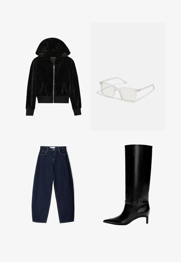 Fekete bársonyos zipzáras kapucnis pulóver ívelt kapucnival, elülső zsebekkel és bordás mandzsettákkal. Sima textúrájú és egyszerű dizájn, amely a kényelmet helyezi a középpontba.; HUGO GIFT GIVING 2 PACK - Felső - blue/black; Sötétkék denim nadrág, laza szabással, öt zsebbel, kontrasztos varrással és elöl cipzárral.; Fekete bőr, térd fölé érő csizma hegyes orral és kis sarokkal. Szűk pánt található fém csattal a bokán. Simaság jellemzi.; Átlátszó műanyag négyzet alakú szemüveg, áttetsző lencsékkel, arany díszítéssel a szárakon a fokozott részletekért.