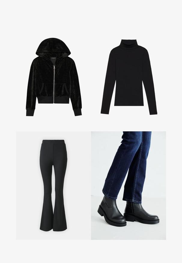 Melnas samta kapucīna jakas ar rāvējslēdzēju, ar izliekto kapuci, priekšējām kabatām un ribu aprocēm. Gluda tekstūra un vienkāršs dizains, kas vērsts uz komfortu.; Melnā turtlenecka garām piedurknēm augšdaļa, izgatavota no ribotas auduma, ar pieguļošu piegriezumu, augstu kakla izgriezumu un bez rakstiem vai akcentiem.; Melni platas bikses, kas izgatavotas no elastīga auduma. Tām ir augsts viduklis un gluda, pieguloša forma, kas paplašinās no ceļa uz leju.; Melnas ādas potīšu zābaki ar masīvu zoli un sānu elastīgām daļām, kombinēti ar tumši ziliem džinsiem. Zeme ir gaišā krāsā.