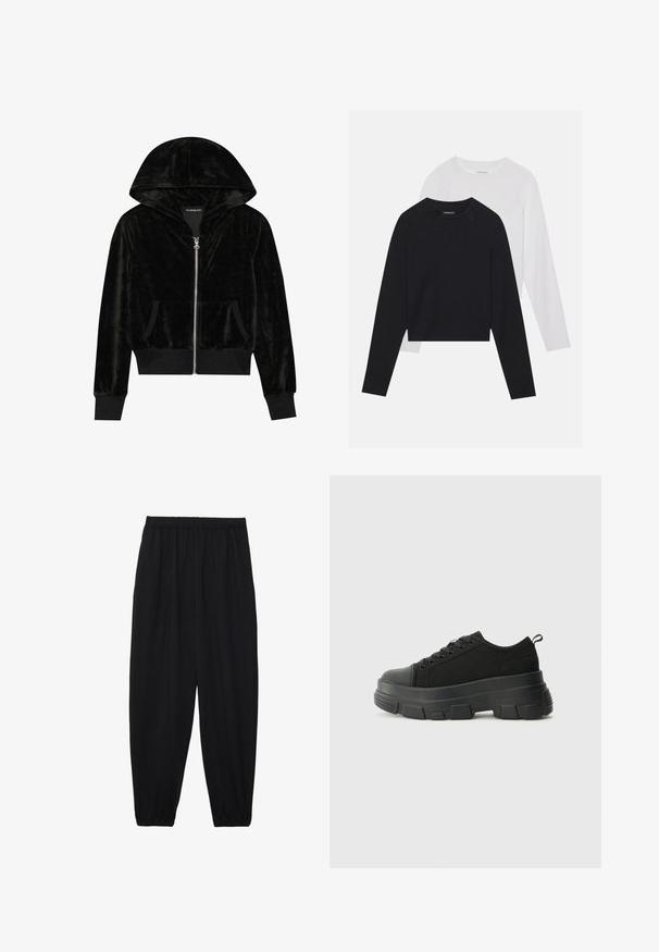 Mustahdud black velvet huppari, jossa on kaareva huppu, etutaskut ja ribatut hihansuut. Suora pinta ja yksinkertainen muotoilu keskittyvät mukavuuteen.; Kaksi pitkähihasta paitaa: yksi musta ja yksi valkoinen. Molemmissa on pyöreä kaula-aukko, raglan-hihat ja pehmeä puuvillasekoitekangas.; Mustat, kevyet housut, joissa on joustava vyötärö ja kerätyt nilkat. Kangas on sileä ja siinä on rento, kapeneva muotoilu.; Mustat urheilukengät, joissa on paksu kumipohja, teksturoitu kangasvarsi, pyöreä kärki ja nauhalukitus. Varusteena vahvistetut nauhareiät ja takana vetotanko.