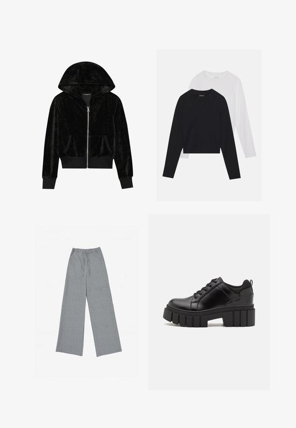 Melnas samta kapucīna jakas ar rāvējslēdzēju, ar izliekto kapuci, priekšējām kabatām un ribu aprocēm. Gluda tekstūra un vienkāršs dizains, kas vērsts uz komfortu.; Divas garām piedurknēm krekli: viens melns un viens balts. Abiem ir apaļa izgriezne, raglanu piedurknes un mīksta kokvilnas maisījuma audums.; Pelēki platakāju bikses, izgatavotas no struktūrētas auduma ar smalku vertikālu svītru rakstu, ar elastīgu jostu un auklu.; Melnas ādas platformas kurpes ar masīvu bloku papēdi, apaļu purngalu un tradicionālu saistīšanas dizainu. Izceļas ar gludu tekstūru un minimālu apdari.