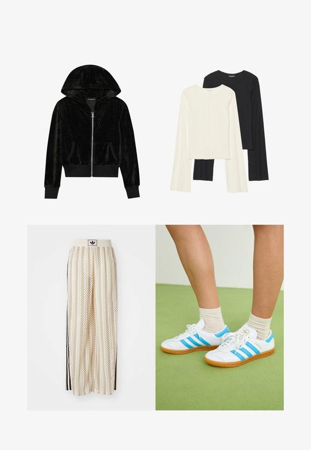 Fekete bársonyos zipzáras kapucnis pulóver ívelt kapucnival, elülső zsebekkel és bordás mandzsettákkal. Sima textúrájú és egyszerű dizájn, amely a kényelmet helyezi a középpontba.; Két darabból álló hosszú ujjú felsők szettje fehér és fekete színben. Bordás textúra, kerek nyakkivágás, testhez simuló fazon, enyhén bővülő ujjakkal.; Krém színű, széles szárú nadrág zigzag mintával, fekete logós derékrésszel és fekete oldalsávokkal. Könnyű, texturált anyag.; Fehér sportcipők világoskék csíkokkal, gumitalppal és fűzős dizájnnal. Arany logóval és sima bőrhatású felülettel rendelkezik.