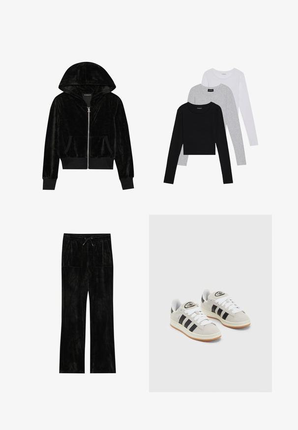 Felpa nera in velluto con zip, cappuccio curvo, tasche frontali e polsini a costine. Texture liscia e design semplice incentrato sul comfort.; Tre magliette a maniche lunghe impilate: nera, grigia e bianca. Ognuna ha un colletto rotondo e un design accorciato con tessuto morbido e leggero.; Pantaloni in velluto nero con una texture morbida, design a gamba larga, cintura elastica, chiusura con lacci e due tasche frontali.; Sneakers in suede grigio con lacci bianchi, strisce nere e suola in gomma bianca. Presentano un logo circolare sulla linguetta e una suola in gomma.