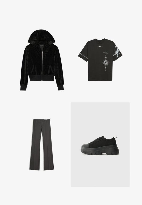 Schwarze Samt-Zip-up-Hoodie mit einer geschwungenen Kapuze, Fronttaschen und gerippten Bündchen. Glatte Textur und einfaches Design, das auf Komfort fokussiert ist.; Schwarzes Baumwoll-T-Shirt mit weißen grafischen Drucken, darunter ein Skorpion und abstrakte Designs. Kurze Ärmel; runder Ausschnitt.; Graue weit ausgestellte Hosen aus einem glatten Stoff, mit flachem Frontbereich, Gürtelschlaufen und einem maßgeschneiderten Design mit klaren Linien.; Schwarze Sneakers mit einer dicken Gummisohle, strukturiertem Obermaterial, runder Zehenpartie und Schnürdesign. Verfügt über verstärkte Ösen und eine Schlaufe an der Rückseite.