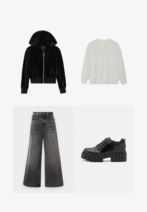 Black velvet zip-up hoodie with a curved hood, front pockets, and ribbed cuffs. Smooth texture and simple design focused on comfort.; Light gray long-sleeve t-shirt made of soft cotton. Features a loose fit, round neckline, and gently gathered cuffs. No patterns or graphics.; Wide-leg black denim jeans with a faded wash, five-pocket design, and a button closure at the waistband, featuring stitched accents.; Black leather platform shoes with a chunky block heel, round toe, and traditional lace-up design. Features smooth texture and minimal detailing.