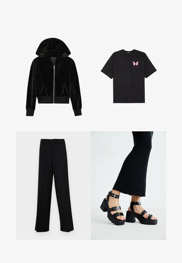 Black velvet zip-up hoodie with a curved hood, front pockets, and ribbed cuffs. Smooth texture and simple design focused on comfort.; Black cotton t-shirt with short sleeves, featuring a small pink butterfly graphic on the left chest. Crew neck design with a relaxed fit.; Black wide-leg trousers made of smooth fabric, featuring a classic waistband with a button closure and front pleats.; Black platform sandals with chunky, lug soles and multiple straps, featuring metal buckles and a smooth leather-like texture.