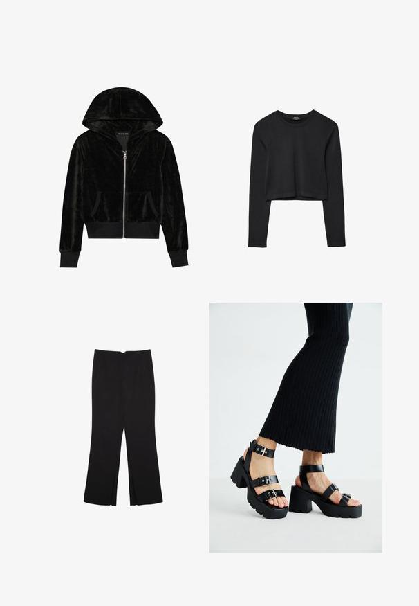 Sort velour zip-hoodie med en buet hætte, frontlommer og ribbede manchetter. Glat tekstur og enkelt design med fokus på komfort.; Sort langærmet cropped top med rund halsudskæring, ensfarvet design og let buet kant.; Sorte bukser med lige pasform, der har frontlommer og slidser i kanten. Lavet af blødt, glat stof. Velegnet til forskellige anledninger.; Sorte platfromsandaler med kraftige, skridsikre såler og flere stropper, der har metalspænder og en glat læderlignende tekstur.