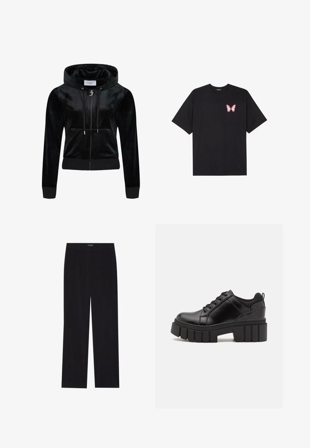 Svart sammet zip-up hoodie med dragsko i huvan, framfickor och ribbade manschetter. Broderad logotyp på vänster bröst. Mjuk textur.; Svart bomullströja med korta ärmar, med en liten rosa fjärilsgrafik på vänster bröst. Rundad halsdesign med en avslappnad passform.; Svarta kordfloddsbyxor med rak snitt, som har en plat midja och inga synliga fickor, slät textur och vertikala ribbdetaljer.; Svarta läderplattformsskor med en kraftig blockklack, rund tå och traditionell snörningsdesign. Har en slät textur och minimal detaljering.