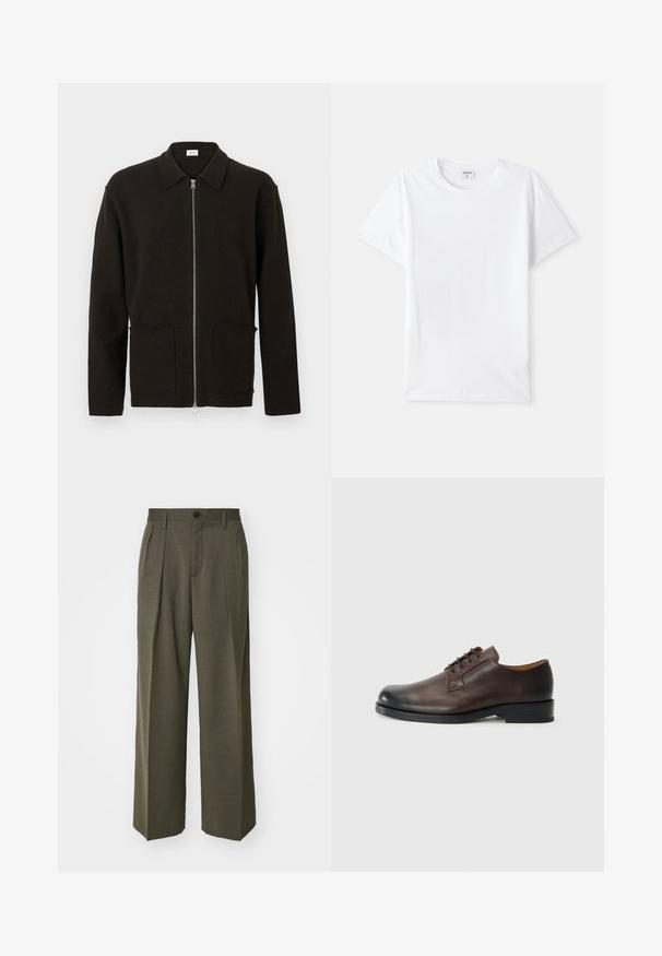 Cardigan marron foncé à fermeture éclair avec deux poches avant et un col, présenté sur un fond clair uni.; T-shirt en coton blanc, col rond, manches courtes, texture lisse, sans motifs ni accents, design simple, coupe standard.; Filippa K WIDE TROUSERS - Pantalon classique - driftwood; Chaussure en cuir marron avec un bout arrondi, un talon bas, un laçage, et une texture lisse. Présente des coutures minimales et une finition polie.
