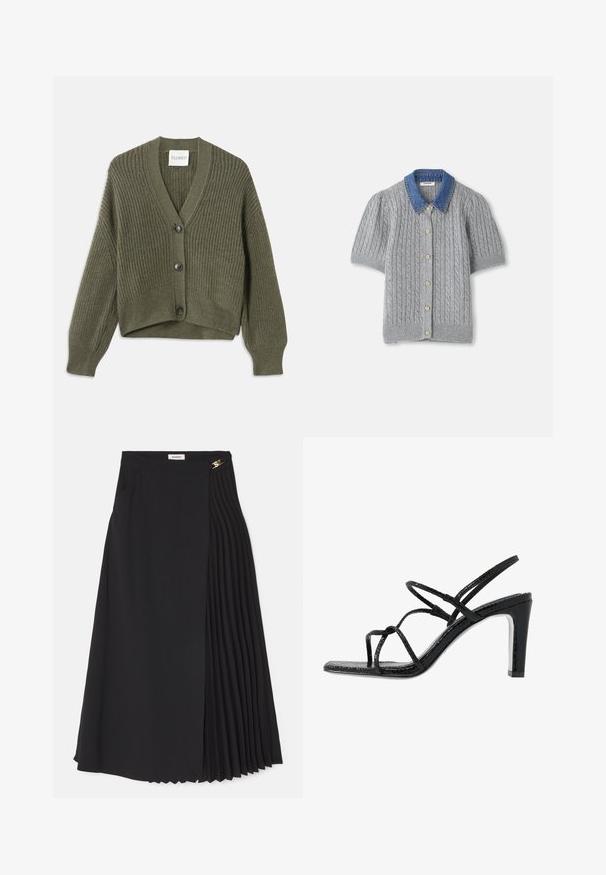 Olajzöld kötött kardigán V-nyakkal, három gombbal és bordás textúrával. Crop fazonú, és süllyesztett vállú kialakítással rendelkezik.; Szürke kötött rövid ujjú kardigán, kábelmintával, denevérszárnyú gallérral és öt arany gombbal az elején.; Fekete midi szoknya, amelynek egyik oldala pliszézett, könnyű anyagból készült, rejtett cipzárral és oldalsó zsebekkel.; Fekete magassarkú szandál vékony pántokkal, texturált felsőrésszel, nyitott orral és karcsú, hegyes sarkú kialakítással. Simább talpbélével és fényes felületével rendelkezik.