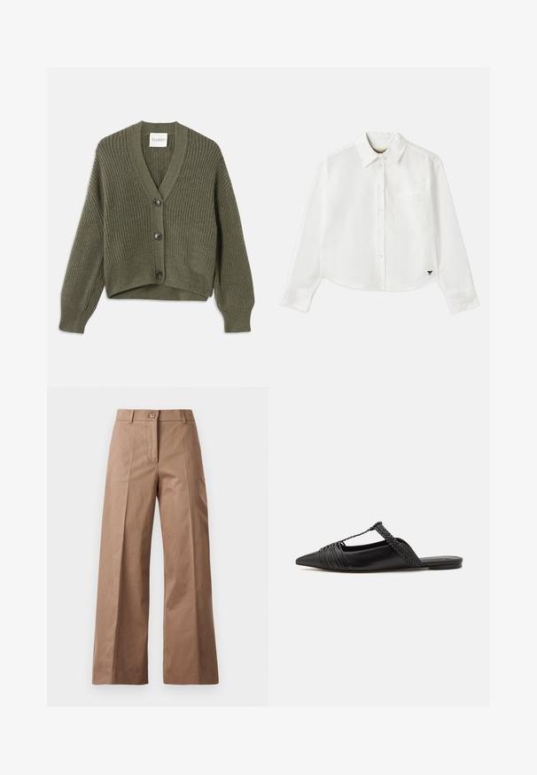 Olivově zelený pletený cardigan s výstřihem do V, třemi knoflíky a žebrovanou strukturou. Má zkrácenou délku a design s kleslými rameny.; Bílá zkrácená košile s dlouhým rukávem vyrobená z bavlny. Má zapínání na knoflíky vpředu, náprsní kapsu a malé černé logo na dolním levém rohu.; Hnědé kalhoty s širokými nohavicemi vyrobené z hladké tkaniny, s předním zapínáním na knoflík, dvěma předními kapsami a čistými, dobře střiženými liniemi.; Černé kožené slingback boty se špičatou špičkou, s tkaným akcentem a plisovaným designem svršku. Plochá podešev s minimálním kovovým zapínáním.