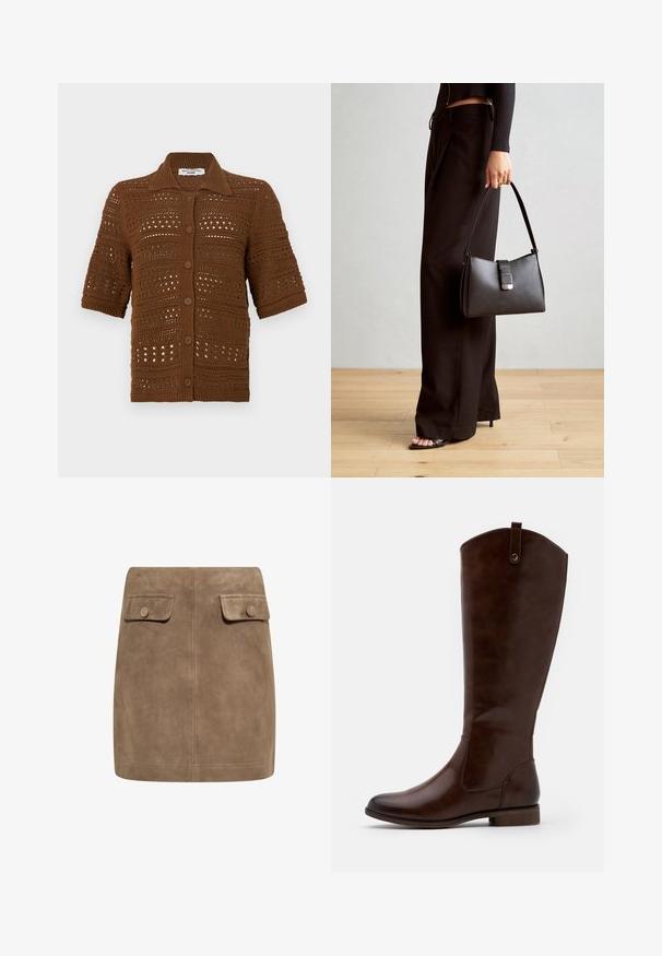 Brązowy kardigan dzianinowy wykonany z szydełkowanej tkaniny. Posiada kołnierz, krótkie rękawy oraz frontowe guziki z teksturowanym wzorem.; Brązowy, długi rękaw top z szerokim dekoltem i węzełkowym detalem po jednej stronie, wykonany z miękkiego, teksturowanego materiału.; Brązowa zamszowa mini spódnica o gładkiej fakturze, z dwiema przednimi kieszeniami na klapki oraz zapięciem na guziki po obu stronach. Prosty, prosty krój.; Brązowe botki za kolano wykonane z gładkiej skóry, z zaokrąglonym noskiem, niskim, klejonym obcasem oraz subtelnym wzorem przeszyć po bokach.; Czarna torebka o usztywnionym kształcie, gładkiej fakturze i metalowym zapięciem. Połączona z szerokimi czarnymi spodniami i sandałami na otwartym palcu na drewnianej podłodze.