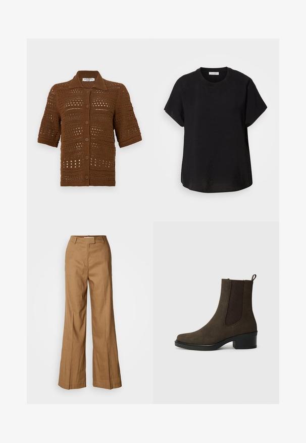 Cardigan din tricot maro, realizat din țesătură croșetată. Prezintă un guler, mâneci scurte și nasturi pe partea din față cu un model texturat.; Tricou negru cu mânecă scurtă și decolteu rotund. Confecționat dintr-un material ușor, având o croială lejeră și un tiv drept la baza.; Pantaloni largi maro, realizati dintr-un material usor. Prezintă un front plat, curea pentru centură și o siluetă tailată cu o tăietură până la glezne.; Botină din suede maro, cu panouri elastice laterale, vârf rotund, toc bloc de 4 cm și fâșie de tragere pe spate. Textură netedă cu detalii cusute.