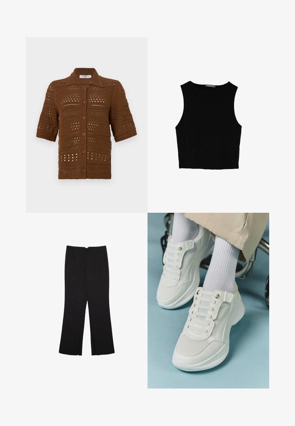 Cardigan marrone lavorato a maglia realizzato in tessuto all'uncinetto. Presenta un colletto, maniche corte e bottoni frontali con un motivo testurizzato.; Top corto senza maniche nero realizzato in tessuto liscio, con scollatura rotonda e un design pulito e semplice, privo di pattern o accessori.; Pantaloni neri a gamba dritta, con tasche frontali e spacchi laterali all'orlo. Realizzati in tessuto morbido e liscio. Adatti a diverse occasioni.; Sneaker bianchi realizzati in materiale a rete, suola in gomma, design senza lacci con bande elastiche e dettagli in tonalità oro.