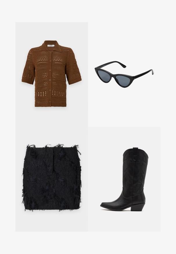 Barna kötött kardigán, horgolt szövetből készült. Galléros nyakú, rövid ujjas, elöl gombokkal és textúrált mintával rendelkezik.; Két ujjatlan, bordázott garbó felső barna és fekete színben, egy sima fehér háttéren kiállítva.; Fekete textúrájú szoknya réteges francia dizájnnal, enyhén szabálytalan alsó szegéllyel, könnyű anyagból készült.; Fekete bőr cowboy csizma hegyes orral, alacsony, rétegelt sarkal és bonyolult, dombornyomott levélmintával a szárán. Hurok a tetején a könnyű felvétel érdekében.; Fekete macskaszem napszemüveg sötétszürke lencsékkel, letisztult műanyag kerettel, hegyes sarkokkal és egyenes szárakkal. Nincs látható hardver vagy díszítés.; Burgundi színű bőr kézi táska ívelt formával, arany kiegészítőkkel és cipzáras záródással. Levehető vállpánttal rendelkezik.