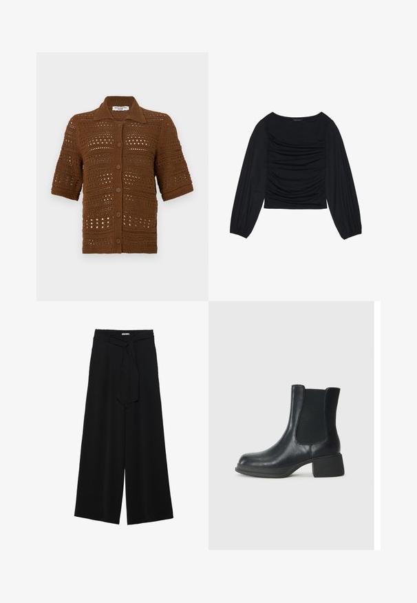 Smeđi pleteni kardigan izrađen od kukičane tkanine. Ima ovratnik, kratke rukave i prednje dugmad s teksturiranim uzorkom.; Crna bluzica dugih rukava s naboranim detaljima na prednjem dijelu i na zapešćima, izrađena od mekog, rastezljivog materijala s izrezom u obliku čamca.; Crne široke hlače od teksturirane tkanine, s elastičnom pojasom i odvojivim remenom na struku za prilagodivo pristajanje.; Crne kožne čizme do članka s elastičnim bočnim panelima, zaobljenim vrhom i niskom blok petom. Površina ima glatku teksturu i minimalne detalje.
