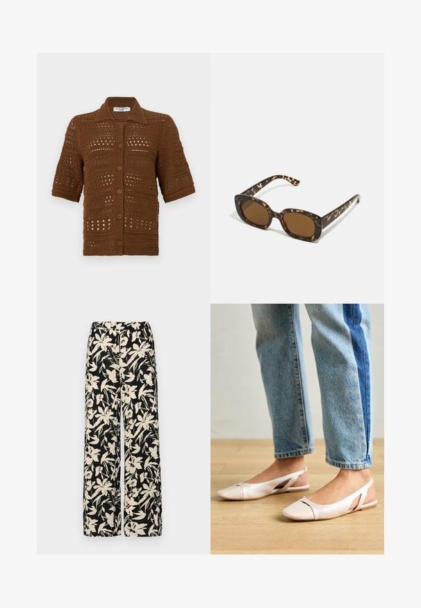 Brun strikket cardigan laget av heklet stoff. Har kragehals, korte ermer og frontknapper med et teksturert mønster.; Hvit T-skjorte med kort erm laget av myk bomull. Har rund hals og avslappet passform. Rent design uten synlige mønstre eller aksenter.; Sorte vide bukser med et cremet blomster mønster. Fremstillet af letvægtsstof, med en glat tekstur og en høj talje.; Lys rosa slingback leiligheter med spiss tå, laget av et glatt, læraktig materiale. Har utskjæringer på sidene og lav hæl.; Skilpaddeskall solbriller med en rund, kraftig ramme og brune linser. Har subtile mønstre og rett, avsmalnende armer.
