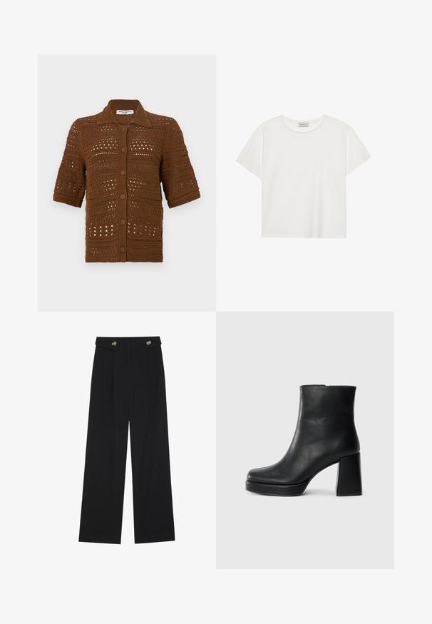 Bruine gebreide cardigan van gehaakte stof. Beschikt over een kraag, korte mouwen en vooraan knopen met een textuurpatroon.; Witte T-shirt met korte mouwen, gemaakt van zachte katoen. Heeft een ronde halslijn en een relaxte pasvorm. Schoon ontwerp zonder zichtbare patronen of accenten.; Zwarte wijde broek met hoge taille, knoopdetails op de tailleband en plooien aan de voorkant.; Zwarte leren enkelboot met een blokhak en platformzool, zijaanzicht op een effen witte achtergrond.