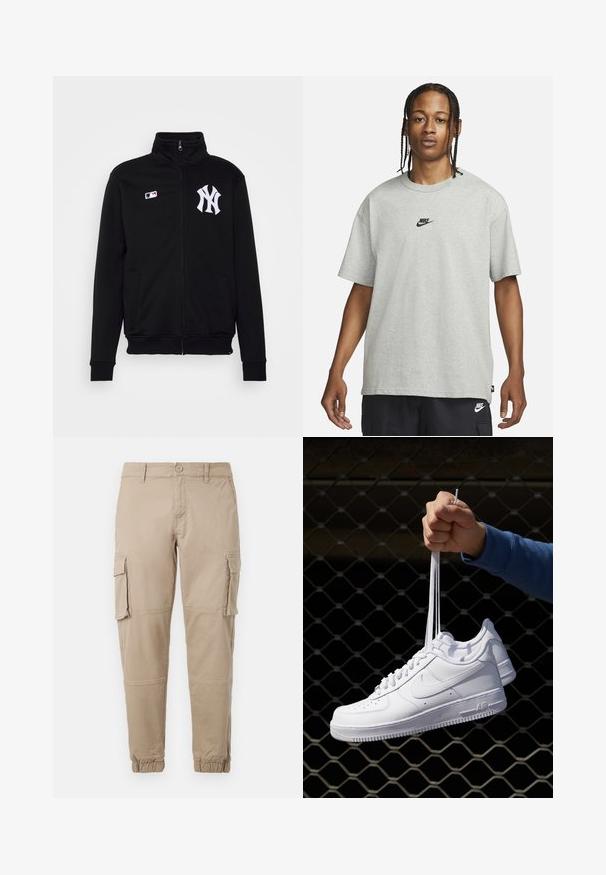 Svart zip-up jacka i mjukt tyg, med hög krage, två sidofickor och vitt broderat New York Yankees-logotyp på bröstet.; Ung person med flätat hår iklädd en ljusgrå Nike T-shirt och svarta Nike-shorts framför en enkel vit bakgrund.; Beiga cargobyxor i ett lätt bomullsmaterial. Har elastiska mudd, flera sidofickor och en knappstängning.; Vita lädersneakers med perforeringar, rund tå, platt sula och tjocka snörning, med en synlig swoosh-logga och "AIR" på hälen.