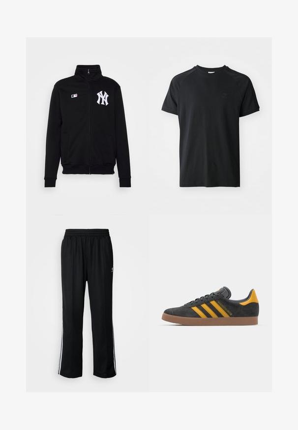 Juodas zip-up džemperis, pagamintas iš minkštos medžiagos, turi aukštą apykaklę, dvi šonines kišenes ir baltą išsiuvinėtą New York Yankees logotipą ant krūtinės.; Juodas medvilninis marškinėliai su apvalia iškirpte, trumpomis rankovėmis ir raglan stiliumi. Kairėje krūtinės pusėje yra reljefinis logotipas. Lygi apdaila.; Juodi sportiniai keliai su elastingu juosmeniu, su baltais šonais ir mažu logotipu. Atrodo, kad medžiaga yra minkšta ir lengva.; Juodas zomšinės sportbačiai su geltonais akcentais, turintys tris juosteles ir rudą gumos padą. Apima paminkštintą liežuvėlį patogumui.