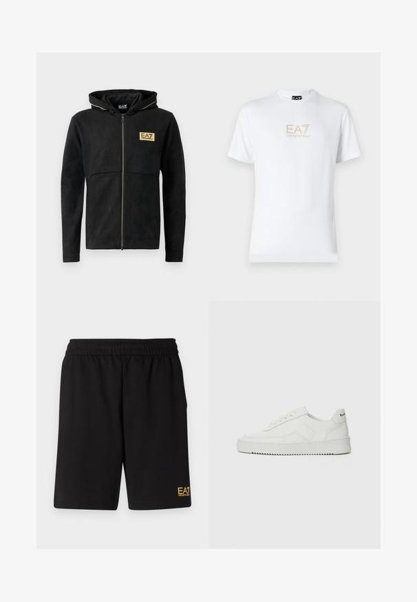 Svart zip-up hoodie i mjukt material, med en guldlogotyp på bröstet, kontrasterande dragkedja och huva med dragsko.; Vit bomull t-shirt med rund halsringning och korta ärmar, med en guld EA7 Emporio Armani-logotyp tryckt på framsidan.; Svarta träningsshorts i mjukt tyg, med ett elastiskt midjeband och en liten gul EA7-logotyp på nedre vänstra benet.; Vita lädersneakers med en jämn yta, rund tå, platta snörningar och en strukturerad sula. Har en diskret logotyp på hälen.