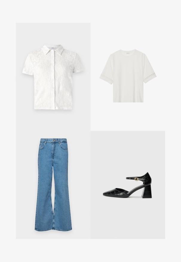 Vit kortärmad blus med blommönstrad spets, krage, knappstängning framtill och texturerad tyg.; Vit kortärmad t-shirt i bomull, med dekorativa spetsdetaljer längs ärmarna och rund halsringning.; Ljust blå vida jeans i denim, med hög midja, fem fickor och en enda knappstängning. Mjuk textur med blekt finish.; Svart lackläder högklackad sko med spetsig tå, ankelrem och strukturerat krokodilmönster. Fyrkantig klackdesign.