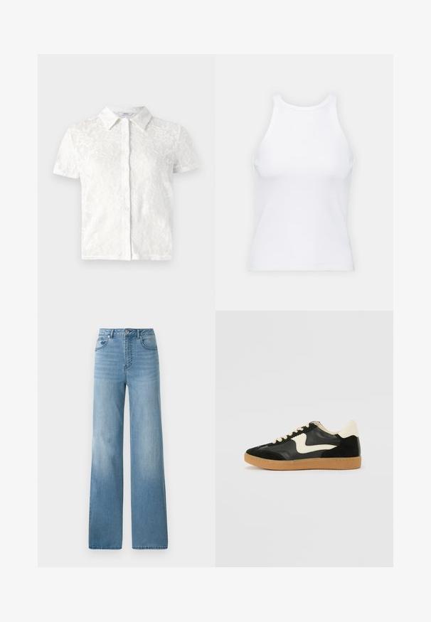 Bela kratka srajca s kratkimi rokavi z rožnatim čipkastim vzorcem, zasnovo s kragnico, zapenjanjem na gumbe in teksturirano tkanino.; Bela brezrokavna majica iz rebraste tkanine, z zaobljenim izrezom in prilegajočim silhueto, z minimalnimi šivi in brez okraskov.; Svjetloplave traperice visokog struka sa ravnim krojem. Izrađene od denima, s pet džepova i zatvaranjem na dugme.; Črne semiš in usnjene superge s kremasto stransko puščico in svetlo kremasto peto. Imajo bež čipke in gumijast podplat.