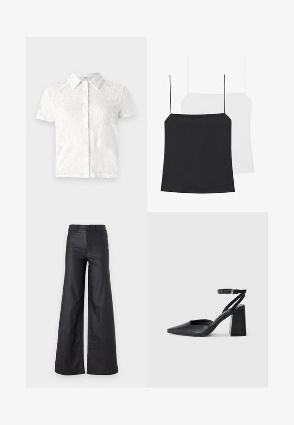 White short-sleeve blouse with floral lace pattern, collared design, button-front closure, and textured fabric.; Two camisole tops are shown: one black and one white. Both have thin straps and a fitted design made from a smooth, stretchy fabric.; Black, wide-leg pants in a faux leather material. Features a high waist, belt loops, two front pockets, and stitched detailing.; Black leather pointy-toe pump with an ankle strap and a chunky heel. Flat texture, sleek design, and minimalistic aesthetics.