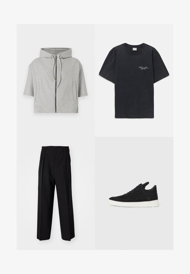 Gray hooded sweatshirt with a zip closure, short sleeves, and two side pockets, made of soft material, featuring a minimalistic design.; Black short-sleeve crew neck t-shirt with small white "Filling Pieces" text logo on the left chest.; Black pleated trousers with a straight, wide-leg design. Made from smooth fabric, featuring a button closure and belt loops.; Black suede sneaker with a white rubber sole, featuring tonal stitching and lace-up design. Smooth texture with a modern, streamlined shape.