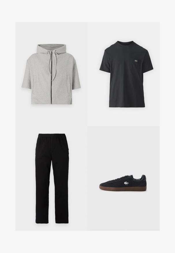 Felpa grigia con cappuccio, chiusura a zip, maniche corte e due tasche laterali, realizzata in materiale morbido e caratterizzata da un design minimalista.; T-shirt in cotone nero con maniche corte, scollatura rotonda e un piccolo logo verde sul taschino sinistro. Design semplice, vestibilità regolare.; Pantaloni neri realizzati in un tessuto misto cotone, caratterizzati da un taglio dritto, vita elastica con bottone e senza motivi o dettagli visibili.; Sneaker neri in suede con suola in gomma, punta tonda, lacci sul davanti e logo di coccodrillo sul lato. Dettagli in pelle sul tallone di colore nero.