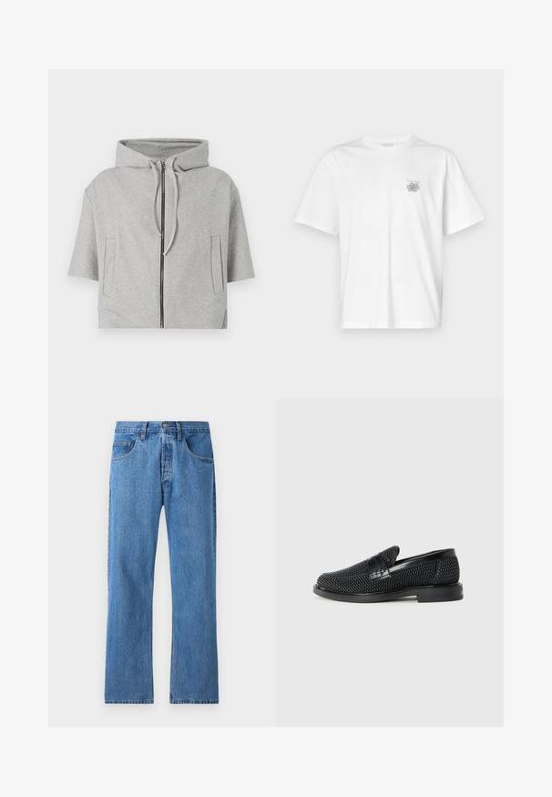 Halli hallitus, millel on lukuga sulgemine, lühikesed varrukad ja kaks küljetaskut, mis on valmistatud pehmest materjalist ning millel on minimalistlik disain.; Valge puuvillane T-särk lühikeste varrukatega, ümmarguse kaelusega ja väike hall logo vasakul rinnaosal. Sile tekstuur.; Sinised teksapüksid sirge säärega, viie tasku, nupuga kinnitamine ja kerge aalumistunne. Omab tavalist õmblemist ja vöödega vöökoht.; Must musta kootud slip-on king, millel on pehme nahast accent ülaserval, ümmargune varvas ja madal profiiliga kummitald.