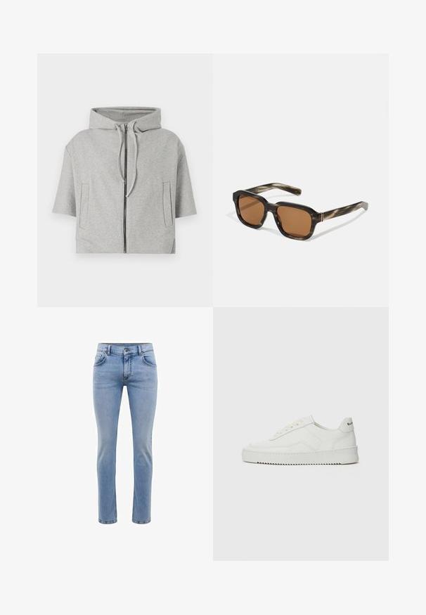 Hanorac gri cu glugă, cu închidere cu fermoar, mâneci scurte și două buzunare laterale, realizat dintr-un material moale, având un design minimalist.; Tricou alb cu mânecă scurtă din material de bumbac, cu guler rotund. Design simplu, fără tipare sau accente. Textură netedă.; Jeans din denim bleu deschis, cu o taietura slim, cinci buzunare si un design cu picioare drepte. Dispune de un fermoar si bucle pentru curea. Textura moale.; Sneakers din piele albă cu un finisaj neted, vârf rotund, șireturi plate și o talpă texturată. Prezintă un logo subtil pe călcâi.; Ochelari de soare din plastic cu un model broască țestoasă, lentile octogonale de culoare maro și accente subțiri din metal auriu pe ramă.