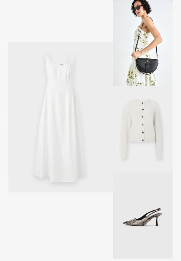 Soft white knitted cardigan with long sleeves, ribbed cuffs and hem, and six dark buttons down the front center.; White sleeveless dress with a square neckline, cinched waist, and flared skirt. Made of smooth fabric, featuring a simple, elegant design.; Pointed-toe slingback shoes made of textured snake print material, featuring a slender black heel and a cutout design on the sides.; Black leather handbag with a curved shape, detachable strap, and gold hardware. The bag features a flap with a buckle detail.