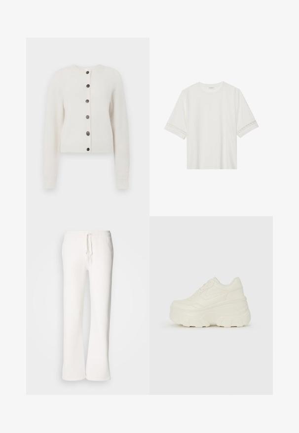 Mäkký biely pletený kardigán s dlhými rukávmi, rebrovanými manžetami a lemom, a šiestimi tmavými gombíkmi pozdĺž predného stredu.; Biele tričko s krátkym rukávom vyrobené z bavlny, s dekoratívnym čipkovým lemovaním pozdĺž rukávov a okrúhlym výstrihom.; Biele, voľné tepláky vyrobené z mäkkej tkaniny, s elastickým pásom na šnurovanie a rovnými nohavicami.; Biele platformové tenisky s hladkým koženkovým svrchným materiálom, zaobleným tvarom, polstrovaným golierom a textúrovanou gumovou podrážkou s výrazným vzorom.