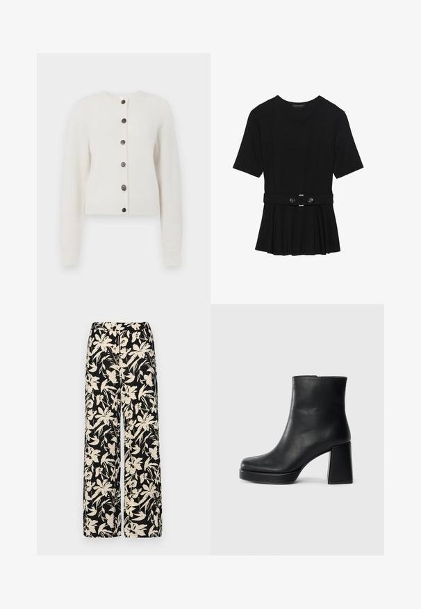 Soft white knitted cardigan with long sleeves, ribbed cuffs and hem, and six dark buttons down the front center.; Black short-sleeve top made of smooth material, featuring a peplum design and a belted waist with two round, silver-tone buttons.; Black wide-leg pants with a cream floral pattern. Made of lightweight fabric, featuring a smooth texture and a high waistband.; Black leather ankle boot with a block heel and platform sole, viewed from the side on a plain white background.