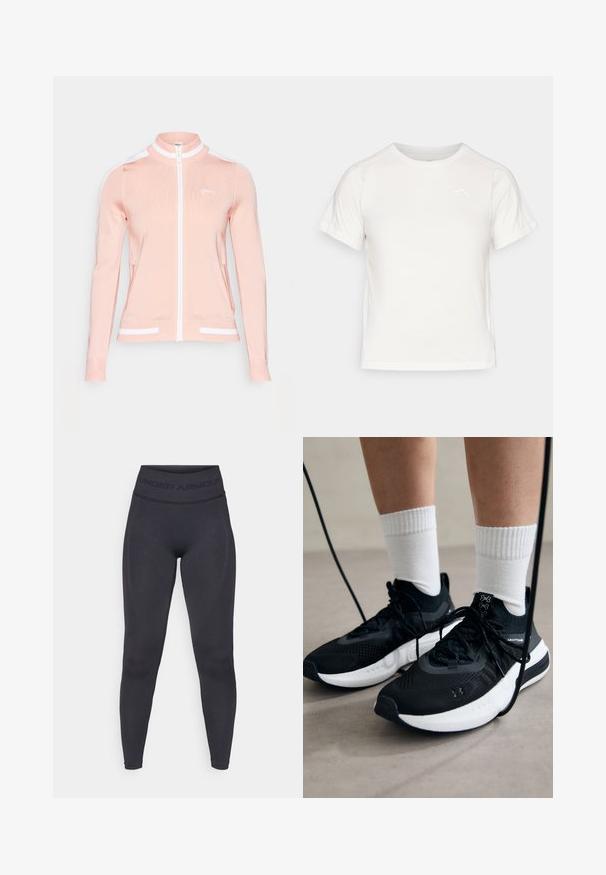 Gaišrozā džemperis ar rāvējslēdzēju, ar ribotu tekstūru, baltām strīpām uz pleciem un apakšmalām, divām priekšējām kabatām un izšūtu logo uz krūšu daļas.; Viegls balts T-krekls ar īsām piedurknēm, apaļu kaklu un mazu logo augšējā kreisajā stūrī. Gluda auduma faktūra ar maigu spīdumu.; Melni legingi ar augstu elastīgu jostasvietu, uz kuras ir teksts "UNDER ARMOUR". Gluda tekstūra ar smalkiem raksta akcentiem gar kājām.; Melni sporta apavi ar strukturētu audumu, balta zole un melni šņores. Valkāti ar baltām ribotām zeķēm, stāvot uz gaišas virsmas.