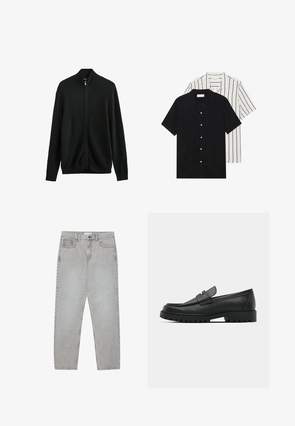 Next Cardigan - black; Două cămăși cu mânecă scurtă: una complet neagră, iar cealaltă albă cu dungi verticale negre. Ambele au închidere cu nasturi și un guler clasic.; Pantaloni din denim gri deschis cu un design cu picioare drepte, stil cu cinci buzunare și închidere cu nasture. Cusături vizibile de-a lungul cusăturilor.; Mocasini din piele neagră cu vârful rotunjit, având un design cusut, talpă joasă și o talpă din cauciuc texturat, cu crampoane.