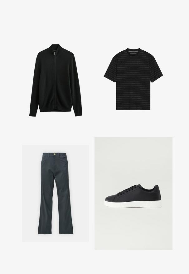 Next Cardigan - black; T-shirt nero a maniche corte con sottili righe orizzontali bianche. Realizzato in tessuto morbido con scollatura rotonda e vestibilità comoda.; Pantaloni neri con taglio dritto, realizzati in tessuto misto cotone. Presentano una chiusura con bottone metallico e tasche laterali. Nessun motivo visibile.; Pier One UNISEX - Sneakers basse - black