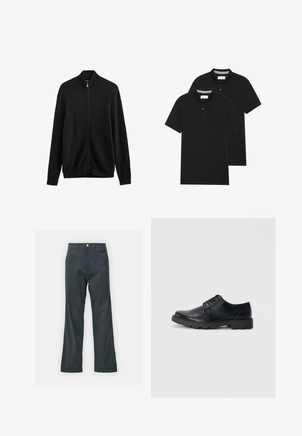 Next Strickjacke - black; Zwei schwarze Polohemden, kurzärmlig, aus Baumwolle, mit einem klassischen Kragen, zwei Knöpfen und weißen Streifenakzenten im Inneren des Kragens.; Schwarze Hose mit geradem Bein, aus einem Baumwollmix. Verfügt über einen Metallknopfverschluss und seitliche Taschen. Keine sichtbaren Muster.; Schwarze Leder-Schnürschuhe mit einer abgerundeten Zehenpartie, einer flachen Gummisohle und dezenten Nahtdetails entlang der Kanten.
