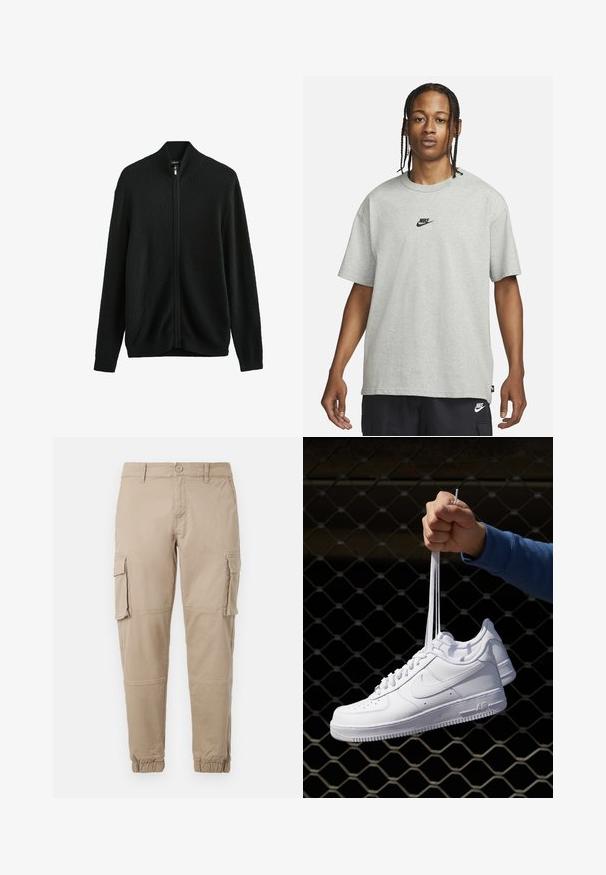 Next Cardigan - black; Young person with braided hair wearing a light gray Nike T-shirt and black Nike shorts against a plain white background.; Beige cargo pants in a lightweight cotton material. Features elastic cuffs, multiple side pockets, and a button closure.; White leather sneakers with perforations, round toe, flat sole, and thick laces, featuring a visible swoosh logo and "AIR" on the heel.