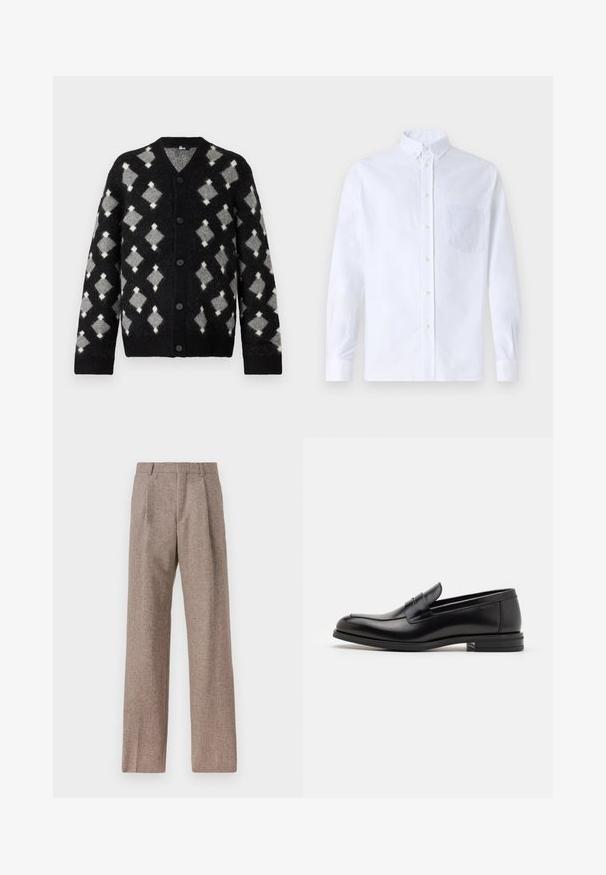 The Kooples Cardigan - black/grey/white; White long-sleeve button-up shirt made of cotton, featuring a chest pocket with tonal embroidery, a collar, and button cuffs.; Brown, high-waisted trousers made of textured fabric. Features wide legs and two front pleats for structure. Neat finish with no visible hardware.; Black leather loafers with a smooth texture, rounded toe, and a decorative strap across the vamp. Low stacked heel, minimalist design.